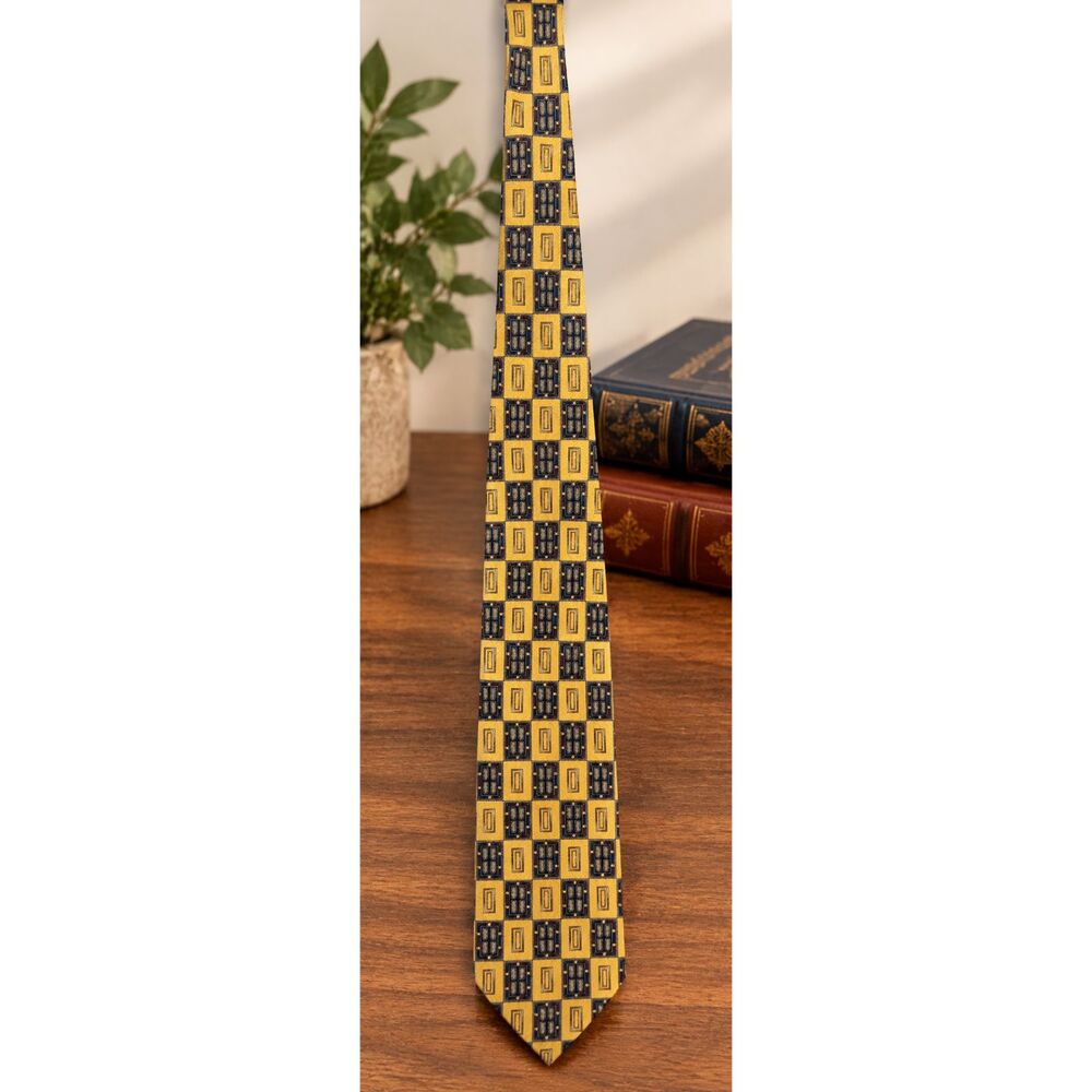 Countess Mara Yellow Blue Geometric Silk Necktie Tie Vintage